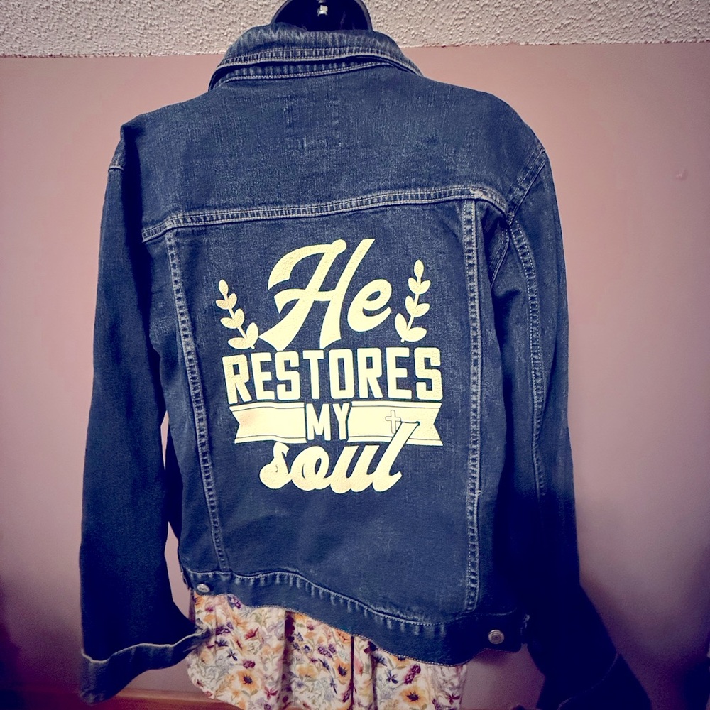 Custom! Dark blue denim, women’s jean jacket size large. He Restores My Soul